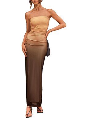 Women's Apricot Brown Summer Wedding Guest Dress Strapless Tube Top Floral Maxi